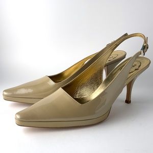 Prada Patent Leather Nude / Gold Slim Pumps